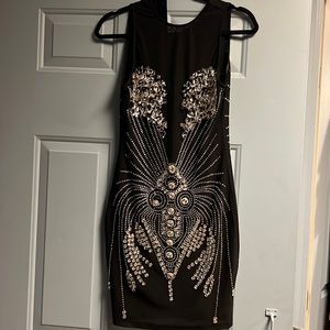 Black & tan, rhinestone, mesh mini dress